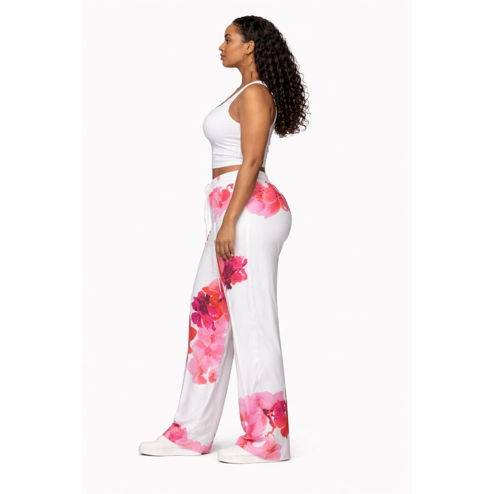 White and Pink Floral Wide Leg Pants for Women